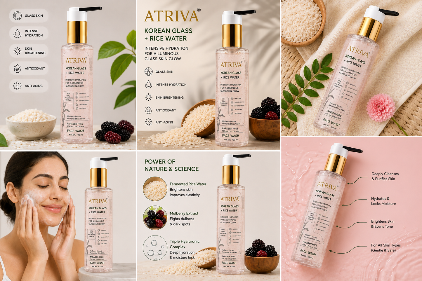 ATRIVA Korean Glass Face Wash with Rice Water & Hyaluronic Complex (200ml)
