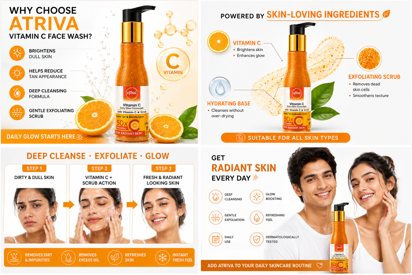 ATRIVA Vitamin C Face Wash with Scrub – Deep Cleansing, Tan Removal & Instant Glow | 120ml