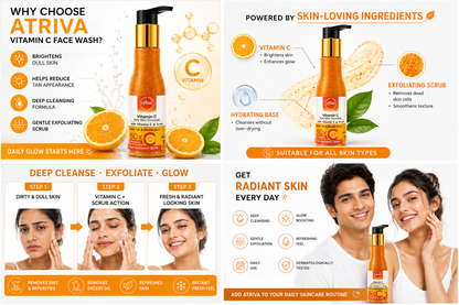 ATRIVA Vitamin C Face Wash with Scrub – Deep Cleansing, Tan Removal & Instant Glow | 120ml