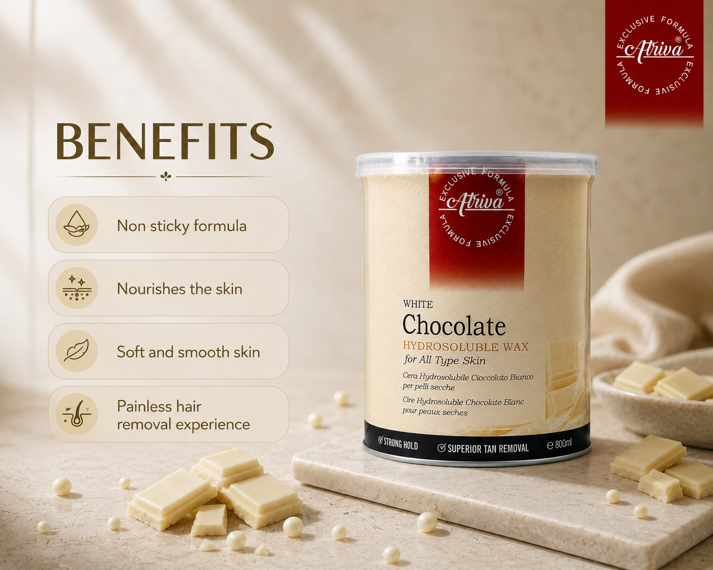 Atriva White Chocolate Hydrosoluble Wax (Cream) – Removes Hair from Root, Reduces Tan (800ml)