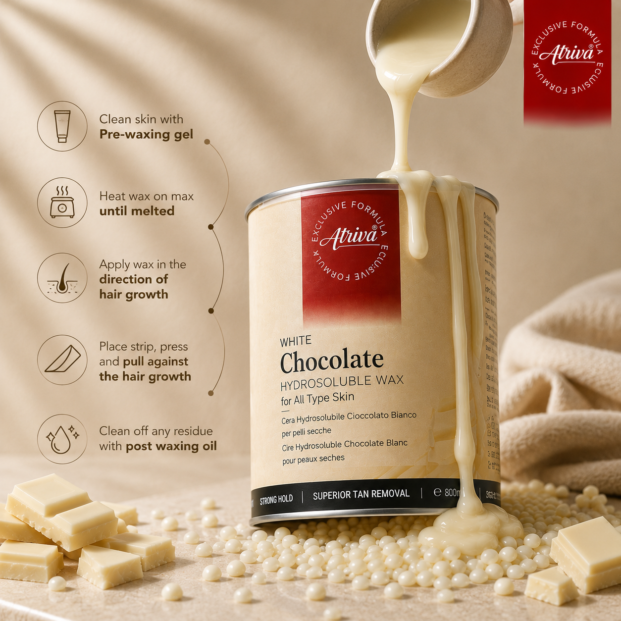 Atriva White Chocolate Hydrosoluble Wax (Cream) – Removes Hair from Root, Reduces Tan (800ml)
