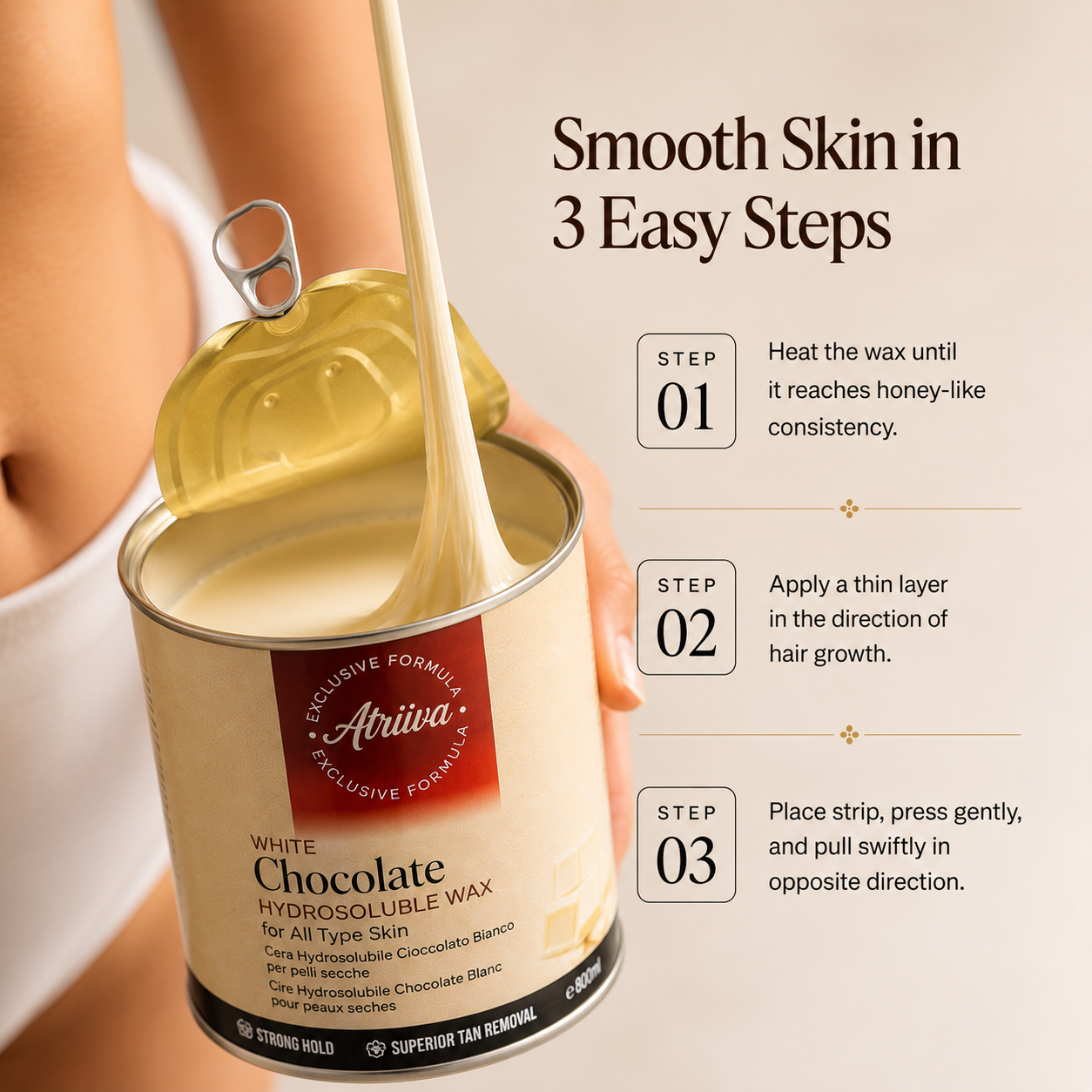 Atriva White Chocolate Hydrosoluble Wax (Cream) – Removes Hair from Root, Reduces Tan (800ml)
