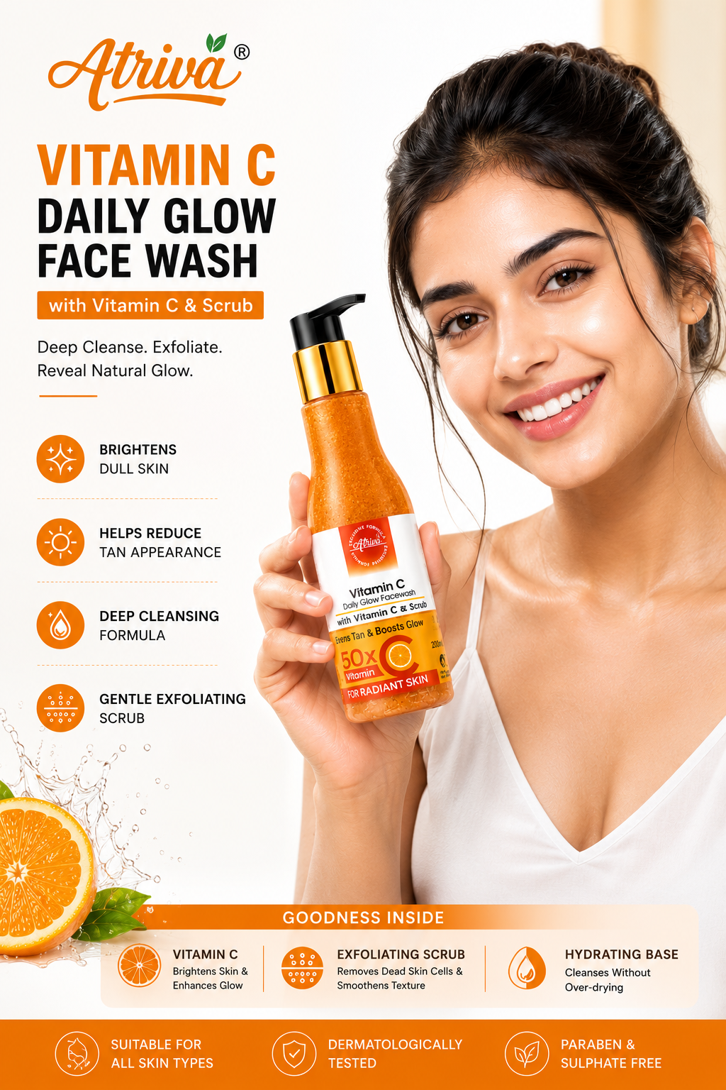 ATRIVA Vitamin C Face Wash with Scrub – Deep Cleansing, Tan Removal & Instant Glow | 120ml