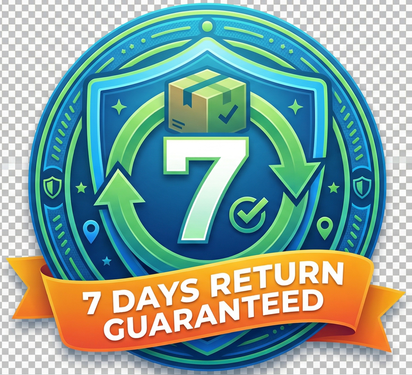 7 Days Return Guaranteed badge with blue and green design on a transparent background