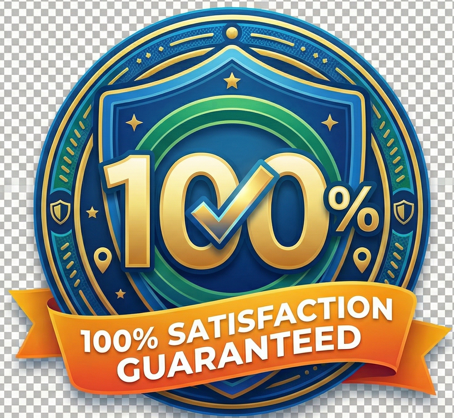 100% satisfaction guaranteed badge with blue and gold design on a transparent background